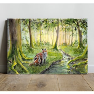 Fox & Foxy Spring Forest - Stampa artistica, carta da acquerello su tela, fatto a mano, animale selvatico, mattina soleggiata, natura, boschi, ruscello, paesaggio, arte murale