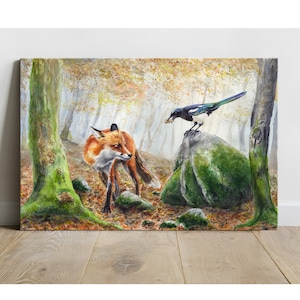 Volpe rossa e gazza, acquerello - stampa su tela, dipinto fatto a mano, paesaggio autunnale della foresta, volpe selvatica, corvo, radici degli alberi, muschio, natura, autunno, belle arti