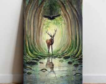 Deer & Raven Spirit - Canvas Fine Art Print, Watercolor Painting Fantasy Forest Wild Animal Landscape River Lake Woods Root Light Black Crow