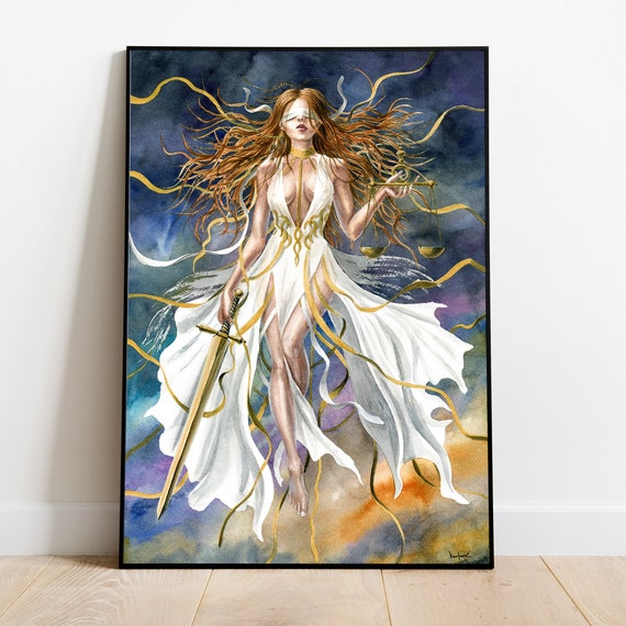 正義の女神の絵画 - キャンバスファインアートプリント、水彩画の正義