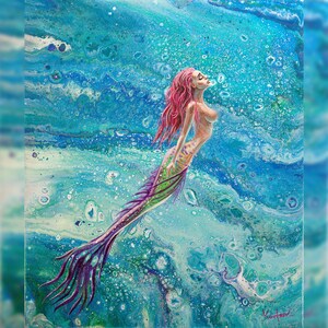 Siren underwater - Art Print, Canvas  Wall Art, Pink hair mermaid, Ocean home decor, Sea life, Canvas Painting Decoration, Ukarinian Art