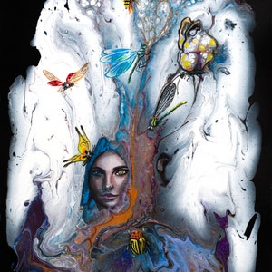 Albero mistico - stampa artistica su tela e carta, donna magica Wiccan, farfalle, insetti, coleotteri, libellule, coccinelle, decorazioni murali