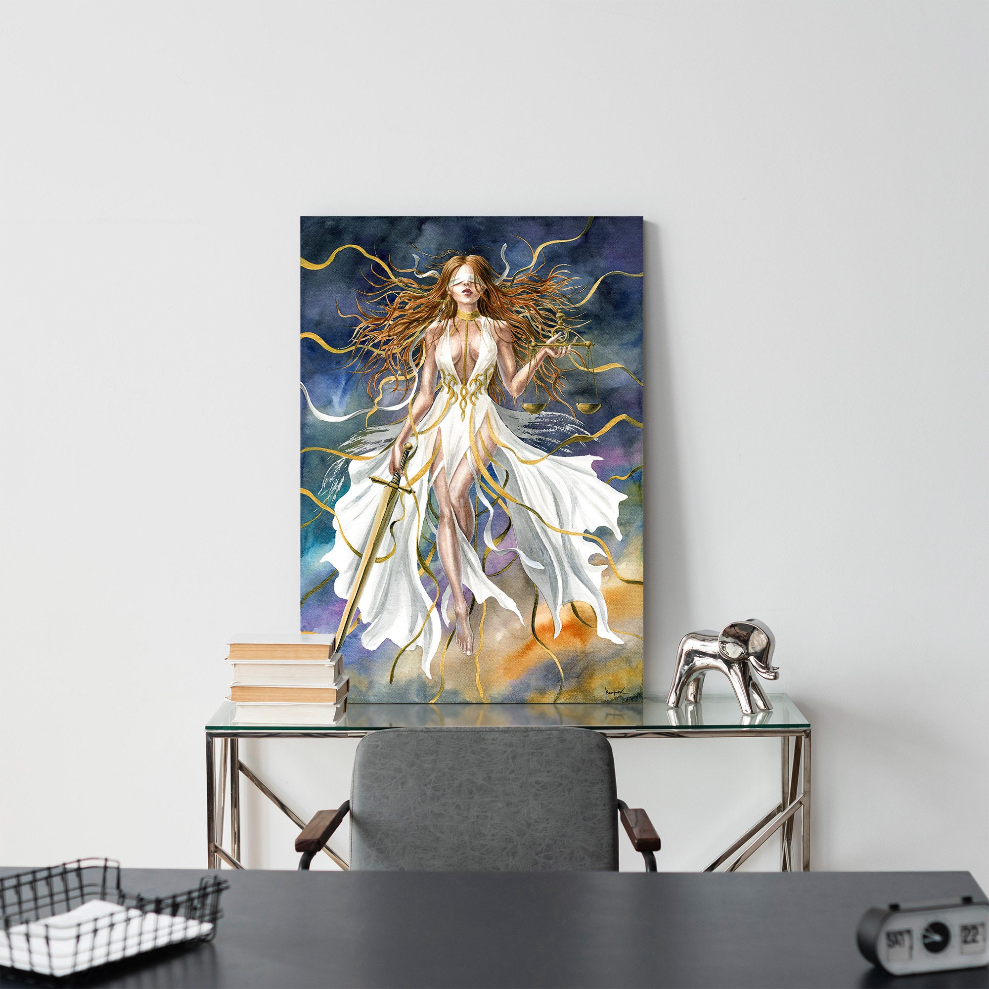 正義の女神の絵画 - キャンバスファインアートプリント、水彩画の正義