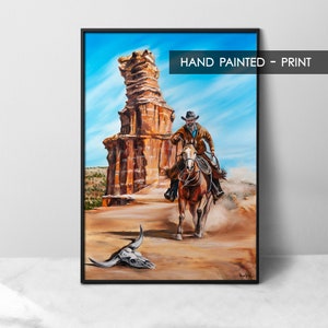 Cowboy nel Canyon pittura a olio - stampa artistica su tela, arte della parete del selvaggio West, decorazioni per la casa di belle arti occidentali, americano, cavallo in corsa teschio longhorn