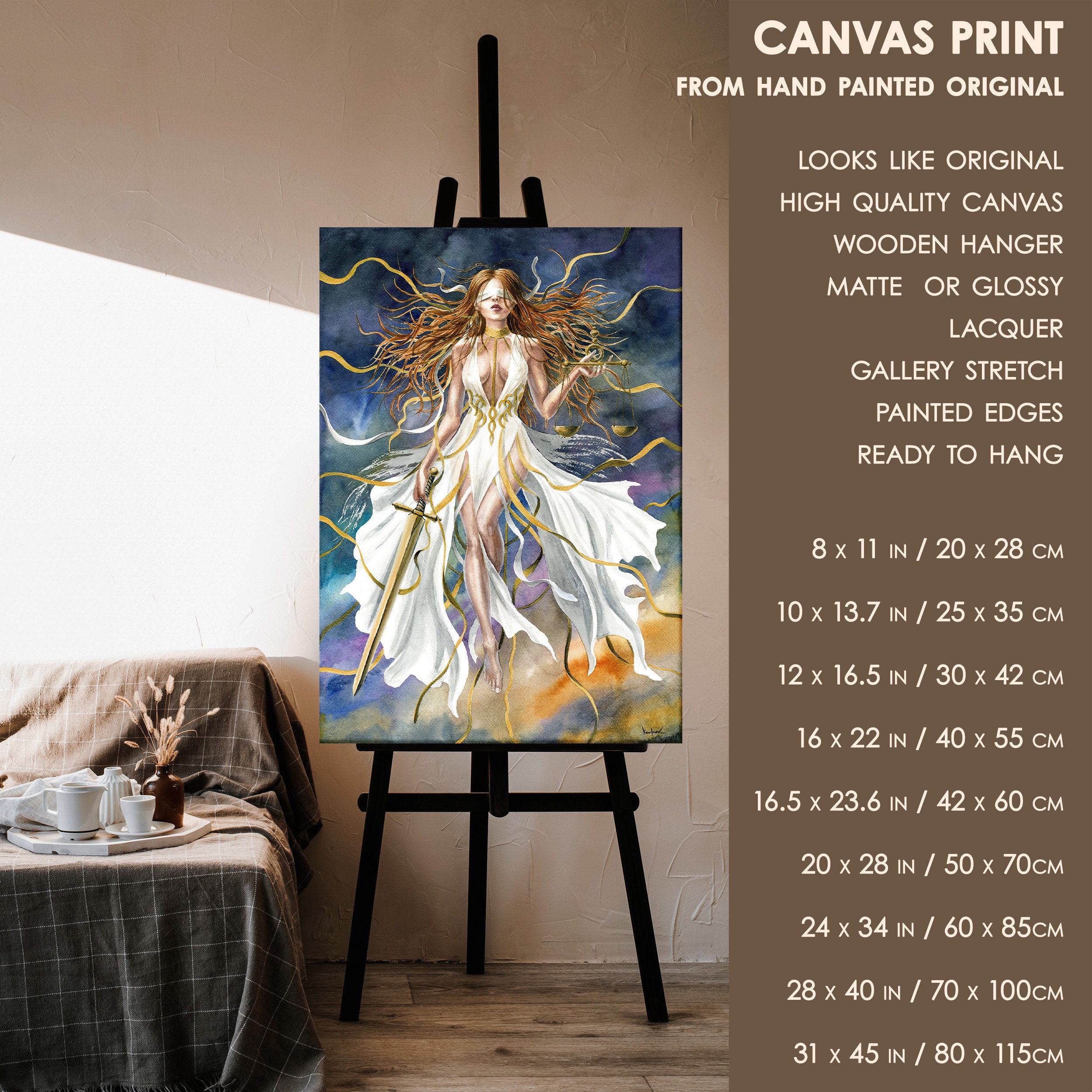 正義の女神の絵画 - キャンバスファインアートプリント、水彩画の正義