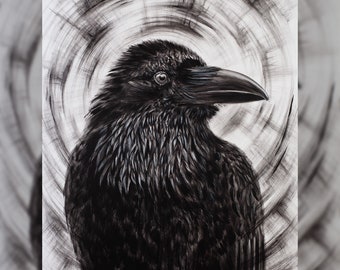 39x28 Original Canvas Painting - Shining Black Raven, Handmade Acrylic Crow Bird Dark Mystical Fantasy Horror Gothic Witchy Home Office Art