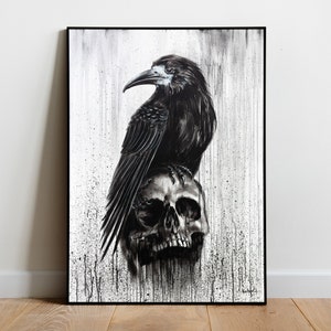 Gawron Skull Painting - Stampa artistica su tela e carta, dipinto a mano in acrilico, corvo nero, uccello, corvo, fantasy dark, horror, gotico, arte murale per ufficio domestico