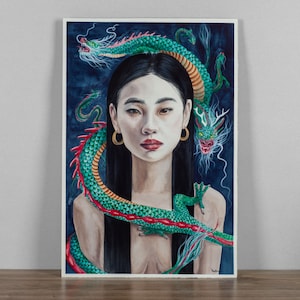 Original - Señor de los Dragones Orientales - Pintura de acuarela hecha a mano Dragón barbudo Chica bruja coreana Fantasía asiática Anime místico Arte de pared