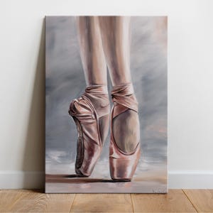 Original Oil Painting - Ballet Shoes, hand painted on canvas, pink pointe bellerina legs dancing stage grey vintage dancer theater wall art