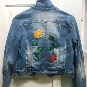 Yellow Rose Red Rose Hand Painted Distressed Acid Wash Jean Jacket