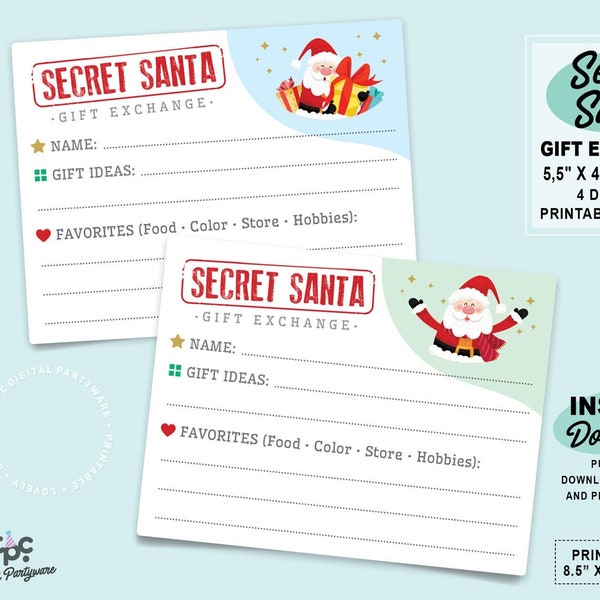 SECRET SANTA FORM Gift Exchange Cards | Printable Christmas Gift List for Work | Fun Secret Santa Party Questionnaire | set-of-4 cards