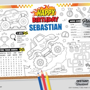 Editable Monster Truck Party Placemat | Printable Wheels Party Coloring Page | Monster Jam Games Activity Mat | Personalized Party Favor