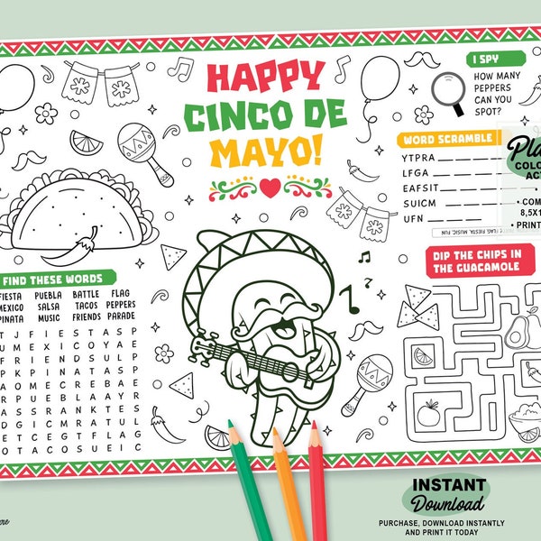 Cinco de Mayo Party Coloring Page| Printable Mexican Fiesta Placemat | Taco Bout Activity Template | Happy Cinco de Mayo Party Favor