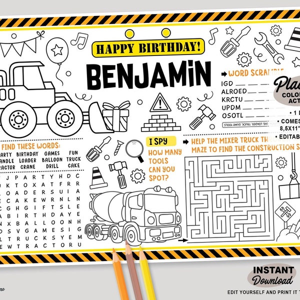 Editable Construction Party Placemat | Printable Trucks and Tractor Birthday Coloring Page | Builder Party Games | Personalized Party Favor
