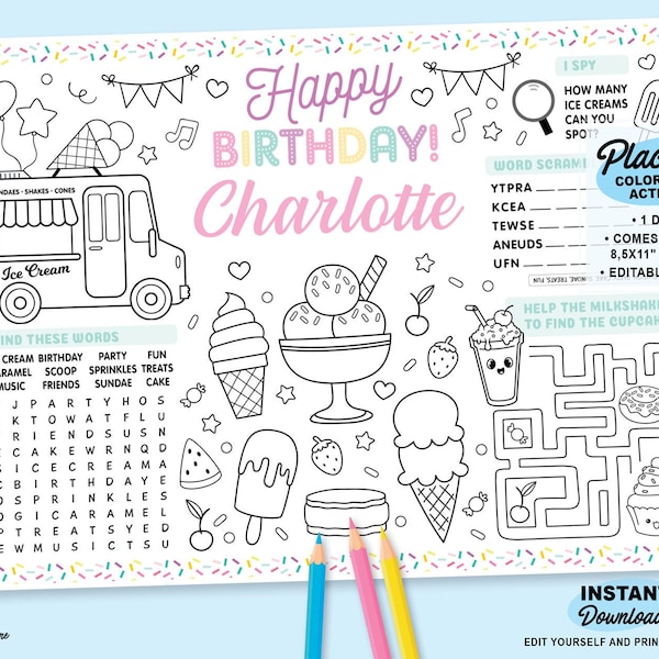 Editable Ice Cream Birthday Party Coloring Placemat | Printable Ice Cream Truck Page | Candy Color Activity Sheet | Personalized Party Favor