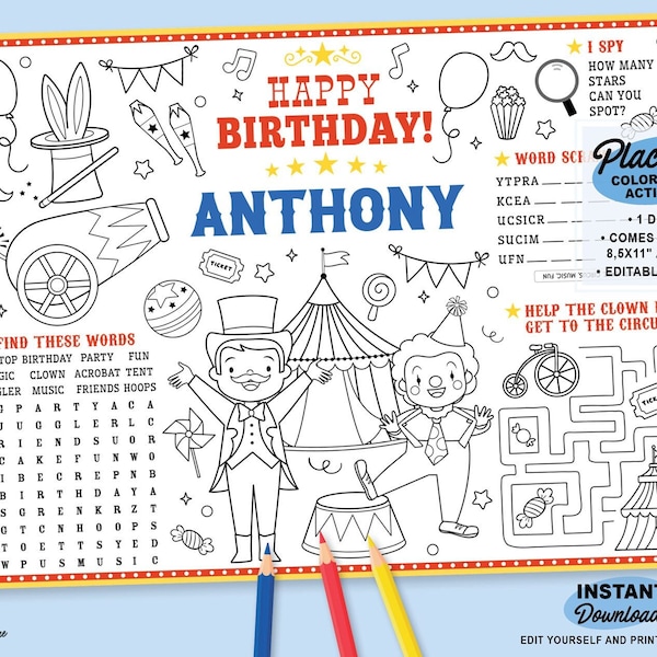 Circus Birthday Party Placemat | Printable Kids Carnival Party Coloring Page | County Fair Activity Mat Sheet Template | Circus Party Favor