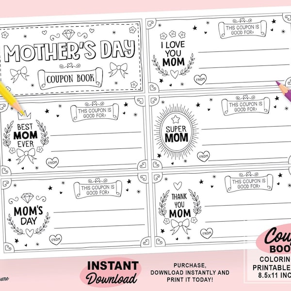 Mother’s Day Coupon Book | Printable Kids Mom Gift Coloring Page | Fill in the Blanks Voucher Template | Simple Mother’s Day Coupon-Set of 5