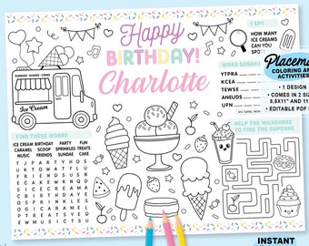 Editable Ice Cream Birthday Party Coloring Placemat | Printable Ice Cream Truck Page | Candy Color Activity Sheet | Personalized Party Favor