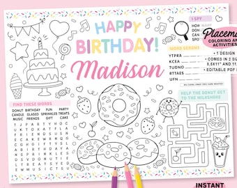 Donut Birthday Party Coloring Placemat | Printable Sweet Celebration Page | Girls Candy Color Activity Sheet | Personalized Party Favor