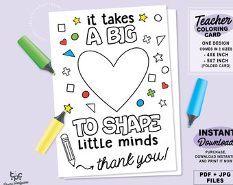 Teacher Appreciation Card | Printable Coloring Card | Teacher Printable Card |  Thank You Teacher | Big Heart Teacher Appreciation Week Card