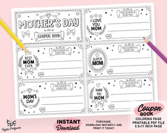 Moederdagbonboekje | Afdrukbare Kids Mom Gift kleurplaat | Vul de lege vouchersjabloon in | Eenvoudige Moederdag couponset van 5