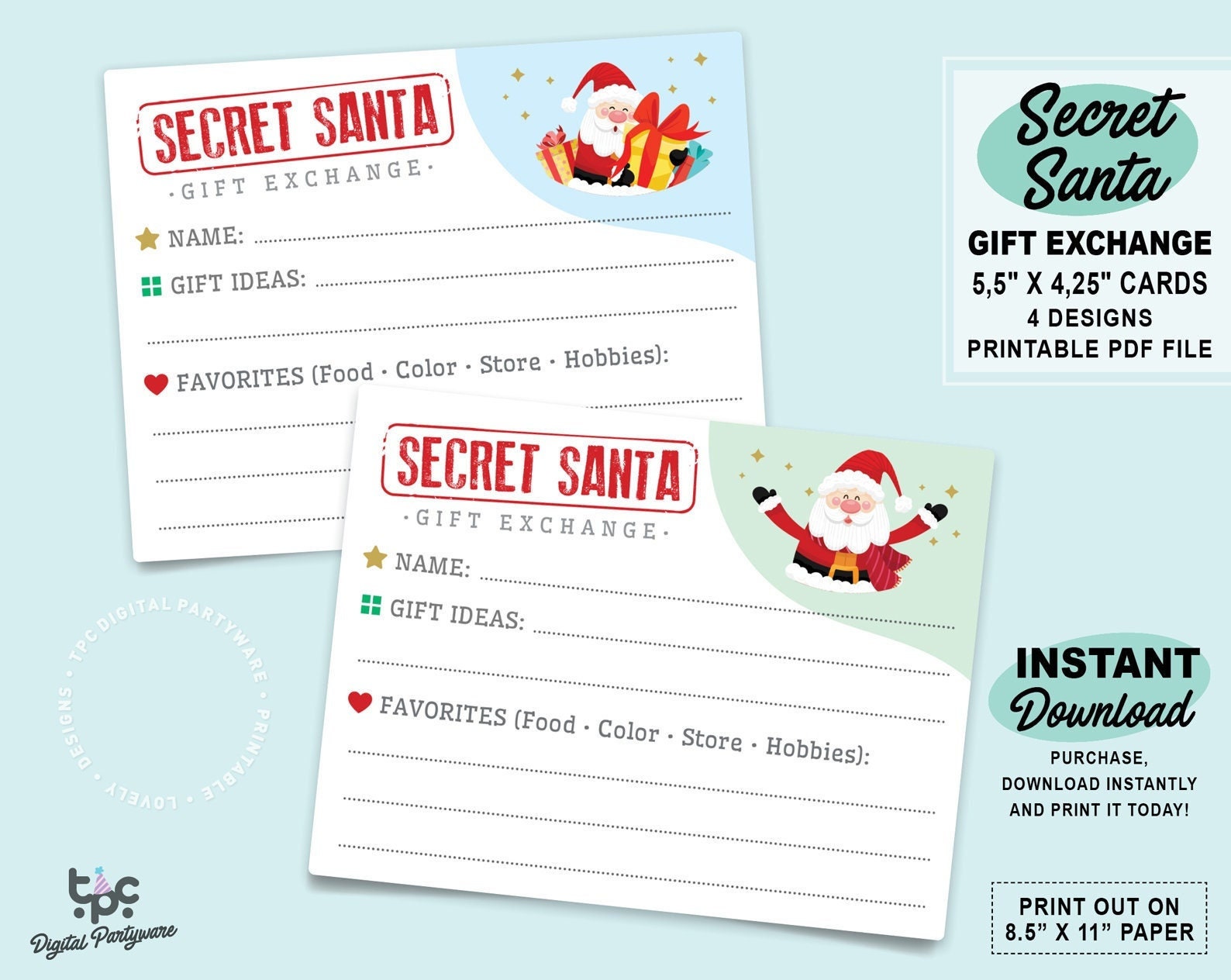 secret-santa-form-gift-exchange-cards-printable-christmas-gift-list-for-work-fun-secret-santa-party-questionnaire-set-of-4-cards-etsy