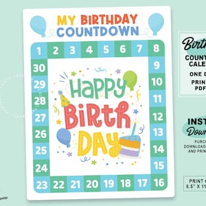 Printable Birthday Countdown Calendar Instant Download Happy - Etsy