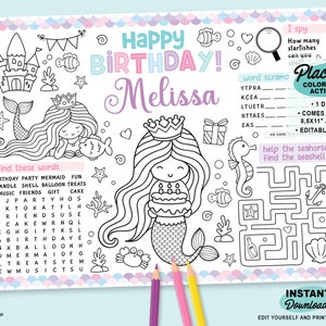Editable Mermaid Party Placemat | Printable Under the Sea Birthday Coloring Page | Little Mermaid Activity | Tablemat | Princess Party Games