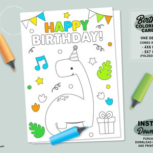 Birthday Coloring Card | Printable Dinosaur Party Card | Coloring Greeting Card |  Happy Birthday Card for Kids | Dino GIft Card