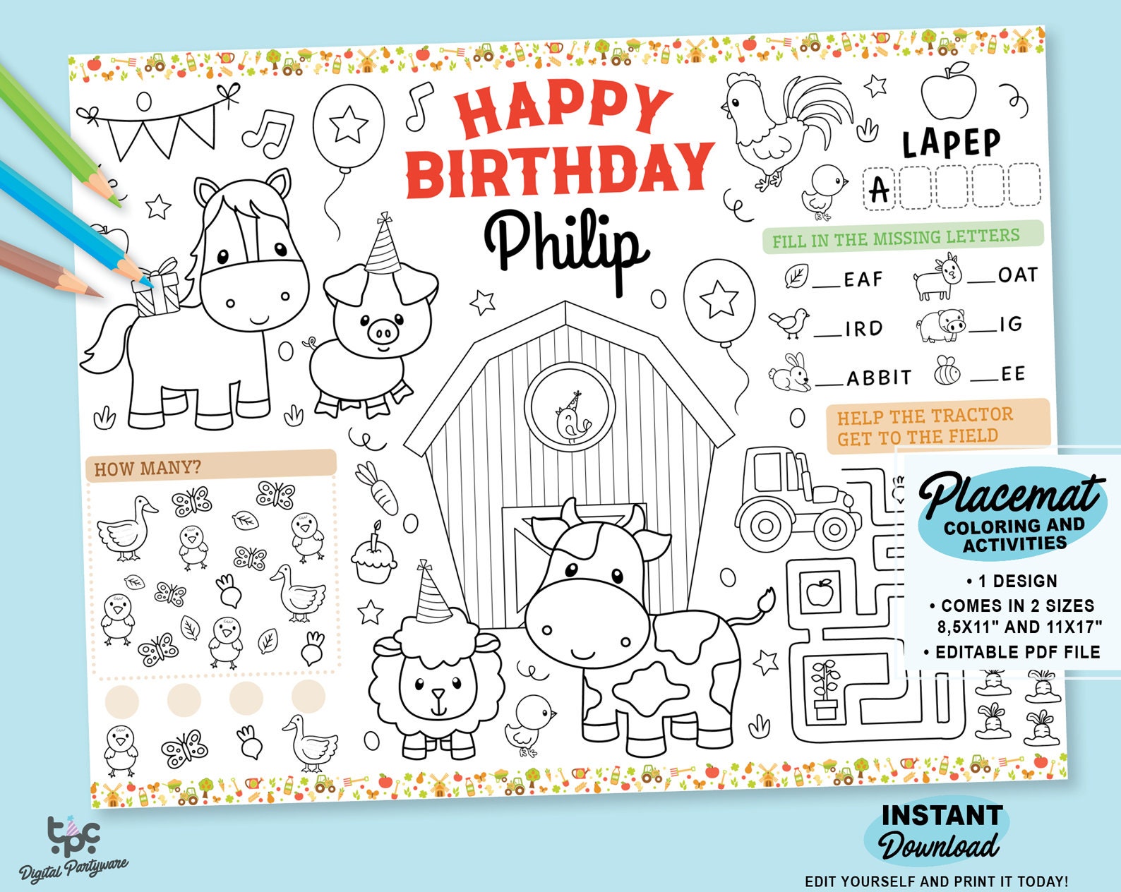 EDITABLE Farm Party Coloring Placemat Printable Barnyard - Etsy Sweden