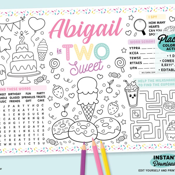 Two Sweet Birthday Party Coloring Placemat | Printable Sweet Celebration Page | Candy Color Activity Sheet | Girl 2nd Birthday | Table decor