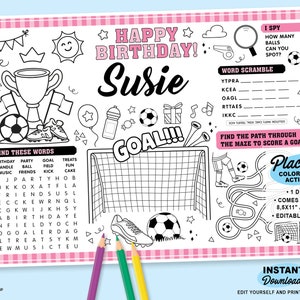 Editable Soccer Birthday Placemat | Printable Football Party Coloring Page | Girls Sports Activity | Pink Party | Personalized Party Favor