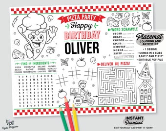 Editable Pizza Party Placemat | Printable Italian Party Coloring Page | Birthday Activity | Pizzeria tablemat | Restaurant Games Maze