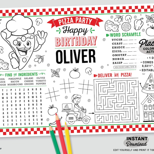 Placemat de fiesta de pizza editable / Página para colorear de fiesta italiana imprimible / Actividad de cumpleaños / Mantel de pizzería / Laberinto de juegos de restaurante