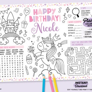 Editable Unicorn Party Coloring Placemat | Printable Games Page | Pink Rainbow Activity Sheet | Girls Tablemat | Personalized Party Favor