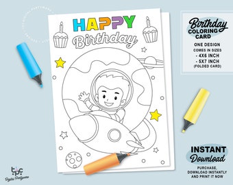 Birthday Coloring Card | Printable Space Happy Birthday Card | Coloring Greeting Card | Kids Happy Birthday Card | First Trip Around the Sun