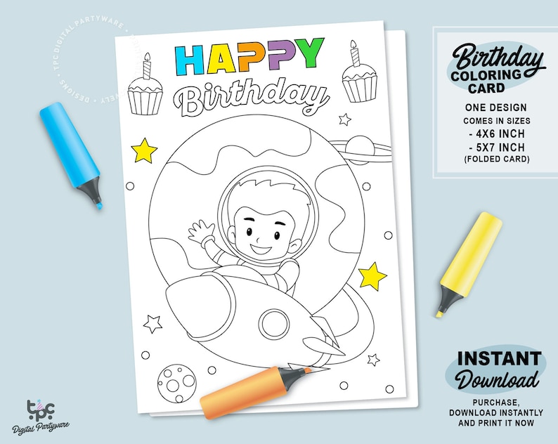 Birthday Coloring Card Printable Space Happy Birthday Card - Etsy