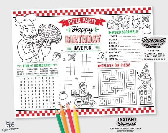 Pizza Party Placemat Printable Pizza Party Coloring Page | Etsy México