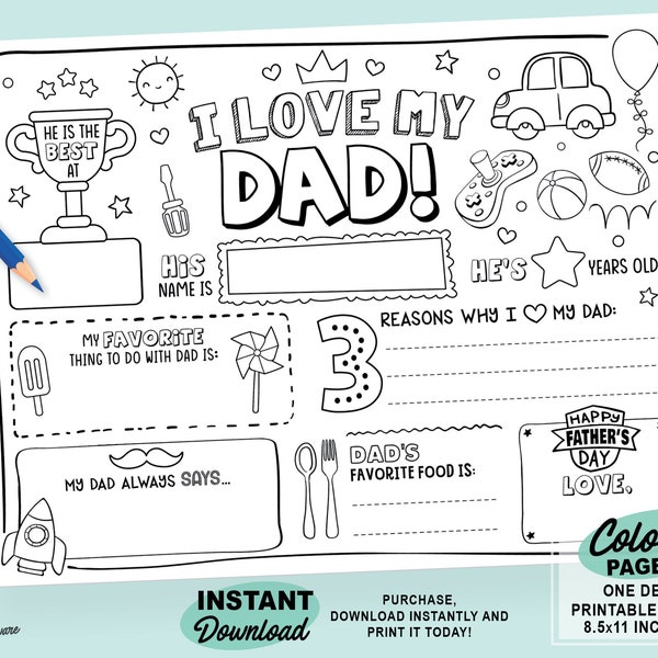 Father’s Day Printable Coloring Page | Printable All About Dad Fill In Template | Father’s Day Gift | Father’s Day Activity for Kids