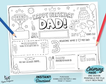 Joyeux anniversaire papa à colorier | Modèle de remplissage imprimable Tout sur papa | Activité pour l'anniversaire d'un père | Cadeau de papa à imprimer pour les enfants