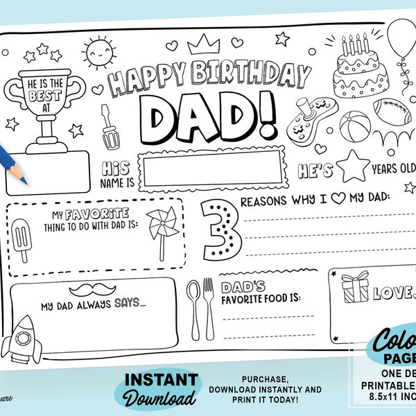 Happy Birthday Dad Coloring Page | Printable All About Dad Fill In Template | Father’s Birthday Activity | Dad’s printable gift for Kids