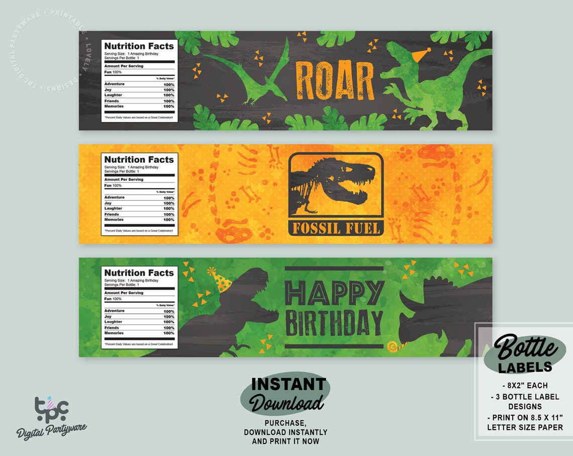 Dinosaur Water Bottle Labels Printable Trex Bottle Labels Etsy