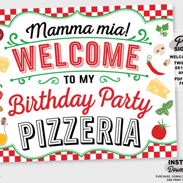 Pizza Party Sign | Printable Pizzeria Birthday Party Sign | Italian Party Sing | Pizza Party Welcome Sign | Printable Pizzeria | Cheff Party