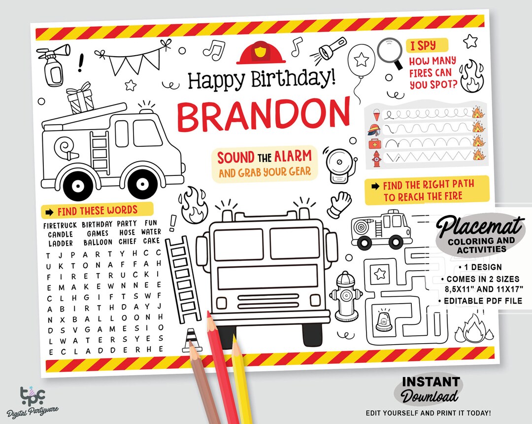 Firetruck Party Favor | Printable Firefighter Birthday Coloring Page ...