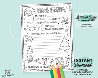 Letter to Santa Coloring Page | Printable Dear Santa Letter | Kids Christmas Wish List | List for Santa Template | Digital Letter To