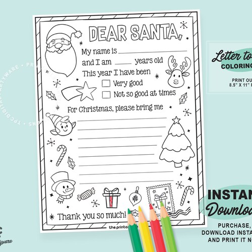 Letter to Santa Coloring Page Printable Dear Santa Letter - Etsy
