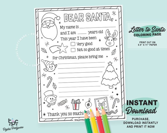 Letter to Santa Coloring Page Printable Dear Santa Letter - Etsy