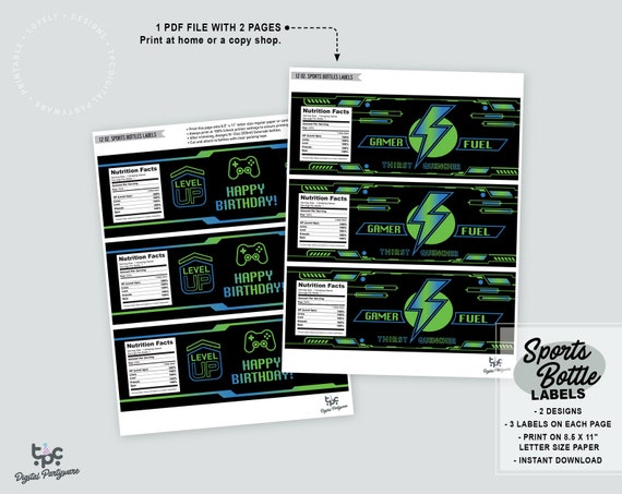 Gamer Party Sports Bottle Labels | Printable Video Game Party Drink Label | Neon Glow In The Dark Birthday Party printable | 12 oz Gatorade