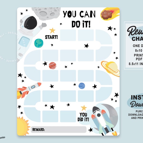 Weltraum Belohnungstabelle | Druckbare Astronaut Verhaltenstabelle | Chart für die tägliche Hausarbeit | Rocket Planets Kinder Routine Tracker | Sterne Sticker