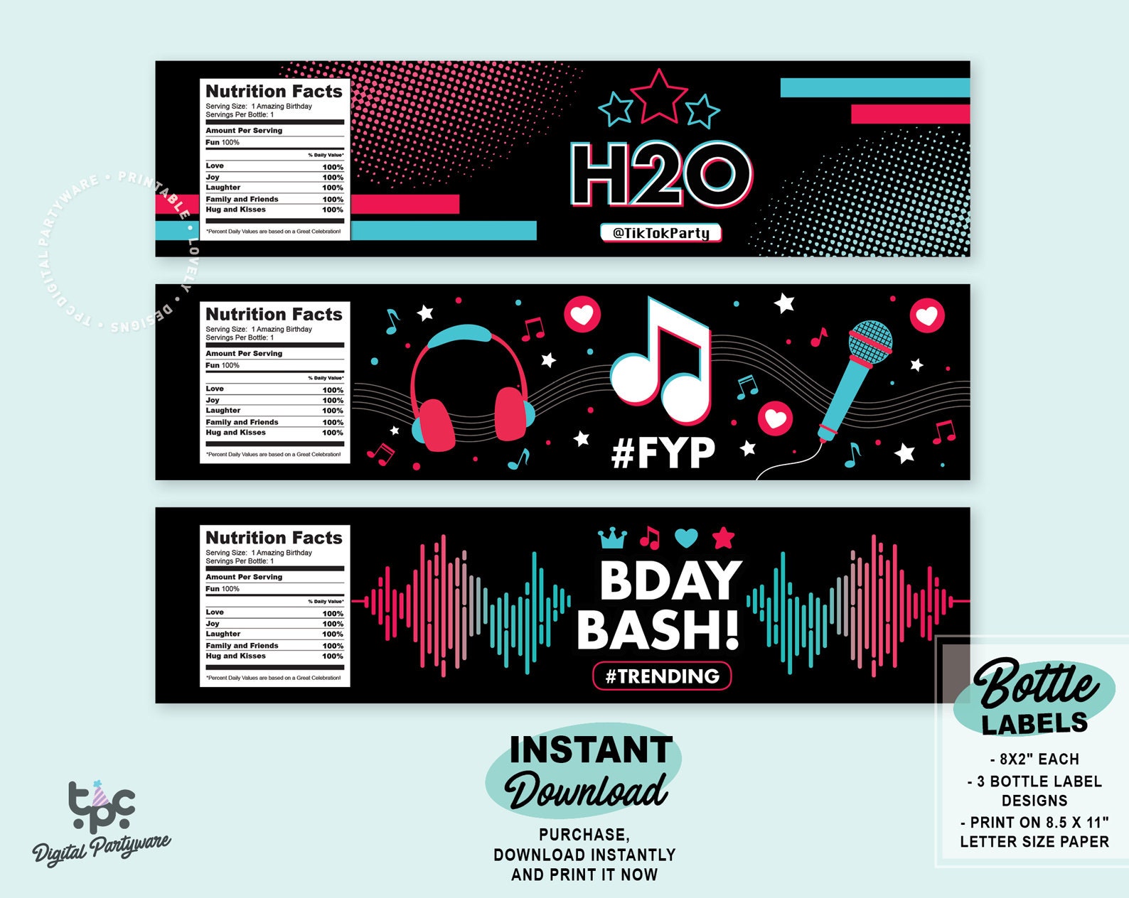 TikTok Inspired Water Bottle Labels | Printable tik tok Bottle label | Tiktok Party printable | Musical Party | Birthday Water bottle label